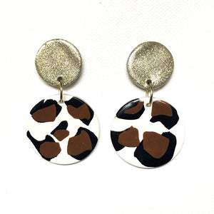 Large Button Two Tier Drop - White Cheetah - Glitter Button Stud
