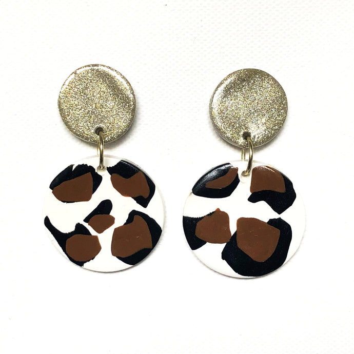 Large Button Two Tier Drop - White Cheetah - Glitter Button Stud
