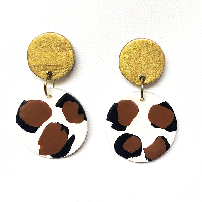 Large Button Two Tier Drop - White Cheetah - Gold Button Stud