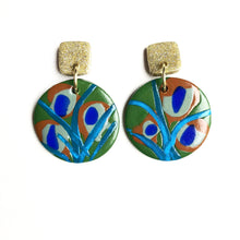 Load image into Gallery viewer, Large Button Two Tier Drop - Peacock - Gold Glitter Square Stud