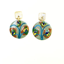 Load image into Gallery viewer, Large Button Two Tier Drop - Teal Peacock - Gold Glitter Square Stud