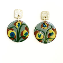 Load image into Gallery viewer, Large Button Two Tier Drop - Teal &amp; Yellow Peacock - Gold Glitter Square Stud