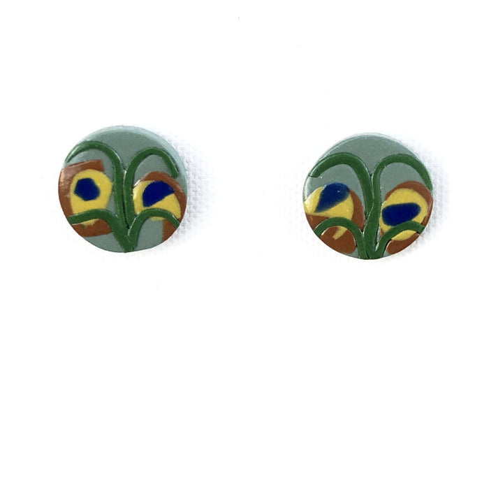 Medium Button - Teal Peacock - Raw Sienna & Yellow