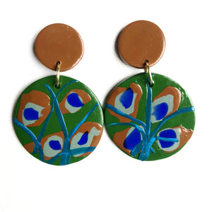 Extra Large Two Tier Drop - Peacock - Raw Sienna Button Stud
